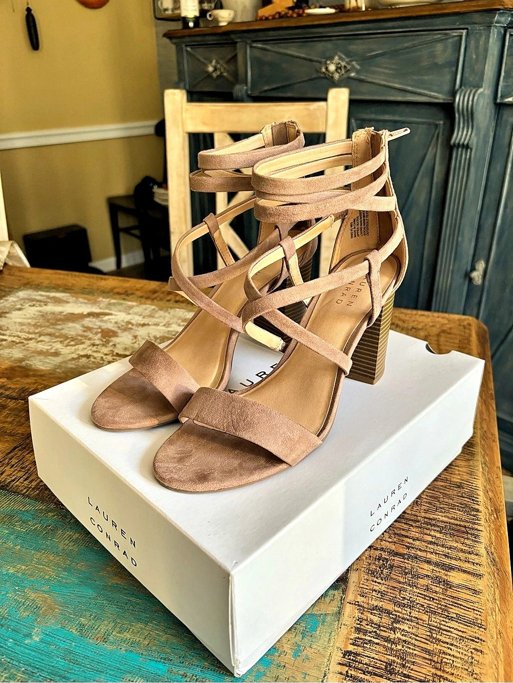 Lauren Conrad Sunrise Nude Strappy Block Heel Sandals in Brown/Nude
